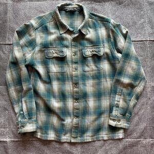 Men's Gramicci Teal Blue Yellow Broadcloth Stance Cotton Flannel L/S Shirt Sz L